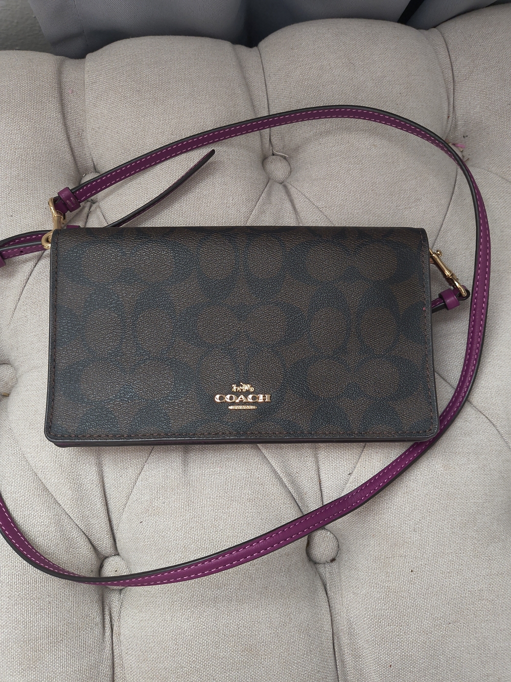 Coach Signature Canvas Wallet Crossbody Brown Purple Leather Phone Bag - Picture 8 of 11